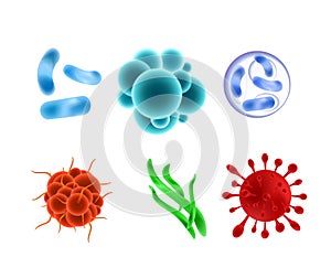 Vector illustration set of realistic bacterias different types, colors and shapes. Viruses, microorganism and bacteria