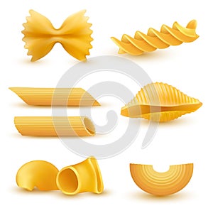Vector illustration set of realistic icons of dry macaroni, pasta of various kinds