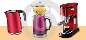 Vector illustration set of red coffee machine with cup of coffee, red kettle and traditional Turkish kettle with teapot
