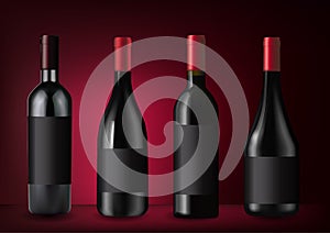 Vector illustration. Set of red wine bottles in photorealistic style. A realistic objects on dark red background. 3D