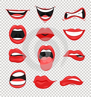 Vector illustration set of red woman lips. Mouth with a kiss, smile, tongue and many emotions mouth emoji on transparent