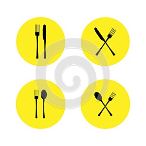 Vector illustration. Set of restaurant icon, sign. fork, spoon and knife cross icons on yellow round background