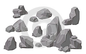 Vector illustration set of rocks and stones elements and compositions in flat cartoon style. Cartoon stone for games and