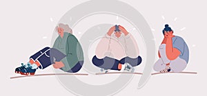 Vector illustration of Set of sad and upset people crying, weeping and sobbing from sorrow and grief. Unhappy person