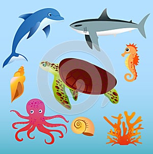Vector illustration set of sea animals on light blue color background in flat cartoon style.