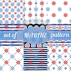 Vector illustration. Set of sea and nautical backgrounds in navy blue, red and white colors. Seamless pattern background