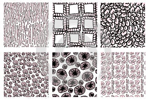 Vector illustration, set of seamless colored textures, doodling for paper design, fabric, interior