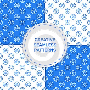 Vector illustration of set seamless pattern with blue icons in flat line style.