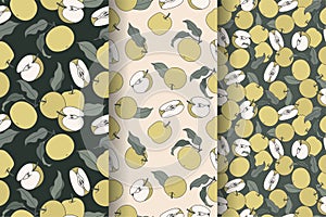 Vector illustration set of seamless pattern with green apple. Colorful summer wallpaper. Apples fruits collection.