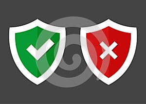 Vector illustration set shield with green tick and red cross. S