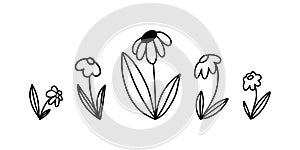 Vector illustration set of simple childish hand drawn flower doodles with leaves in black outline isolated on white background.