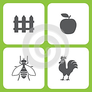 Vector Illustration Set Of Simple Farm and Garden Icons. Elements Fence, Apple, Fly,