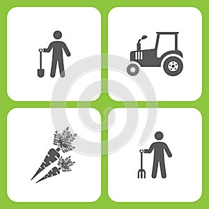 Vector Illustration Set Of Simple Farm and Garden Icons. Elements Gardener, Tractor, Carrot, Farmer