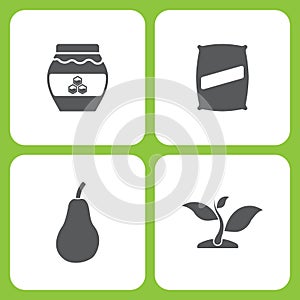 Vector Illustration Set Of Simple Farm and Garden Icons. Elements honey, Seed bag, Pear, plant