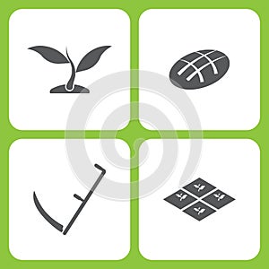Vector Illustration Set Of Simple Farm and Garden Icons. Elements plant, Bread, Scythe, Seedling