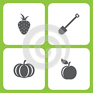 Vector Illustration Set Of Simple Farm and Garden Icons. Elements strawberry, Shovel, Pumpkin, Apple photo