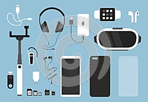 Vector illustration set of smartphone and accessories for it. Phone with case, charger, headphones and protective glass photo