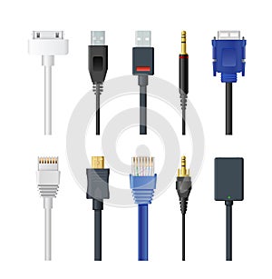 Vector illustration set of socket, cable, plug and wire, computer, audio, usb, hdmi, network and electric other