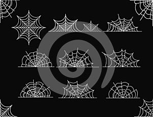 Vector illustration set of spider web of different shapes on black background.
