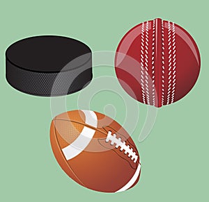 Vector illustration. Set of sport equipment. Hockey puck, ball for cricket, american football .