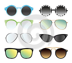 Vector illustration set of sunglasses isolated on white color background. Different summer sunglasses, in trendy and