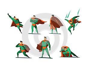 Vector illustration set of Superhero actions, different poses.