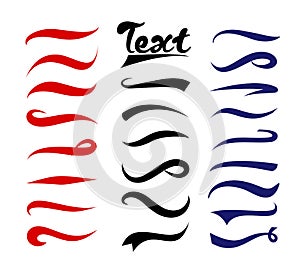 Vector illustration set of text elements. Typography tails collection. Swirling swash and swoosh. Red, blue and black