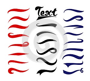 Vector illustration set of text elements. Typography tails collection. Swirling swash and swoosh. Red, blue and black photo