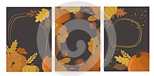 Vector illustration - set of thanksgiving cards. cards with hand drawn pumpkina nd autumn leaves.