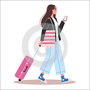 Vector illustration set of tourist with laggage and handbag.