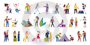 Vector illustration set of tourist with laggage and handbag.