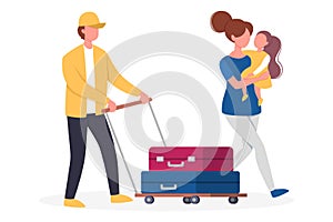 Vector illustration set of tourist with laggage and handbag.