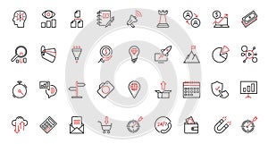 Vector illustration set of trendy red black thin line business management and digital marketing icons.