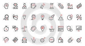 Vector illustration set of trendy red black thin line business management and digital marketing icons. photo