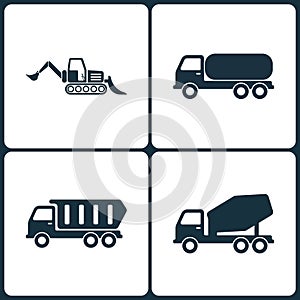 Vector Illustration Set of Truck and Transport Icons. Elements of Loader, Chemical Truck Transport , Construction truck and Concr