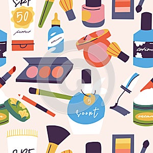 Vector illustration set various of cosmetics. Face and body care cosmatics products. Seamless pattern.