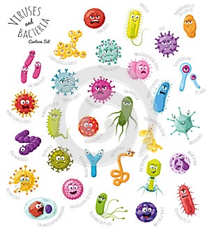 Vector illustration set of 30 viruses and bacteria characters in cartoon style isolated on white background