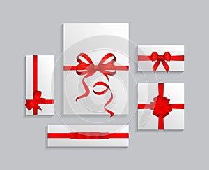 Vector illustration set of white gift box, red color bow knot, ribbon. Collection of gift boxes, top view, isolated on