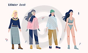 Vector illustration set of a woman and collection of winter warm clothing.