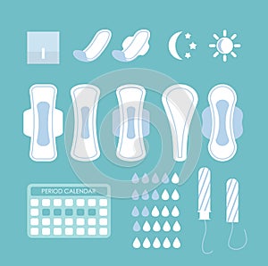 Vector illustration set of women s hygiene pads, tampons and other hygiene products and infographic elements on the blue