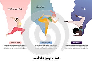 Vector illustration set with yoga and healthy lifestyle sports and body positive concept.Young happy oversized women diferent