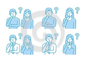 Vector illustration set of a young man and woman couple / family having a question