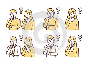 Vector illustration set of a young man and woman couple / family having a question