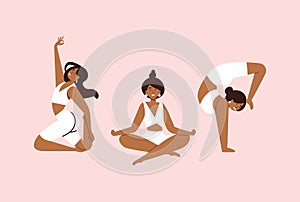 Vector illustration set with young women doing yoga exercising. Various of yoga poses.