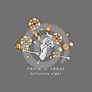 Vector illustration of severed zombie hand holding the candy. Happy Holloween party card with typography.