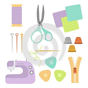 Vector illustration with sewing tools in flat style