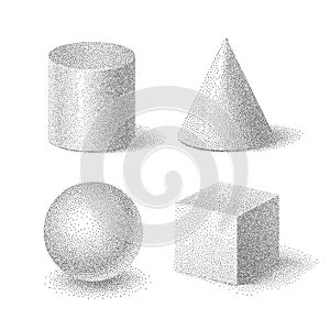 Vector illustration of shapes set of cube, cylinder, sphere and cone with halftone grainy texture on white background