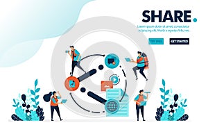 Vector illustration share. People share link, video, document and content on social media. Share useful information to friend.