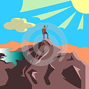Vector illustration of man standing in front of a sun disc on a peak of the mountain
