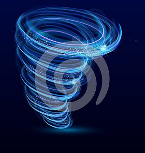 Vector illustration of shining illuminated whirlwind, swirl, glowing tornado vector effect. Typhoon whirlwind, light photo